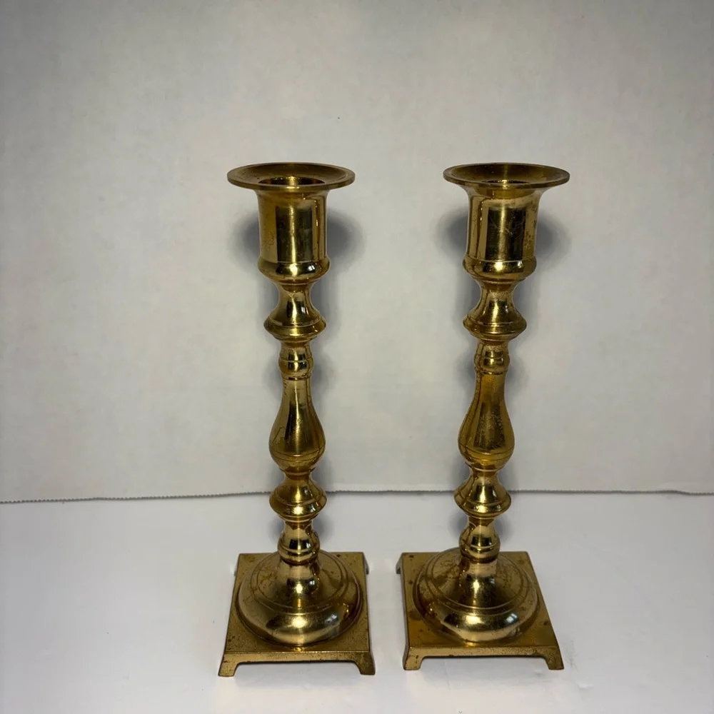 Vintage Brass Candlestick Holders Japan Square Base 7.5” Set Of Two